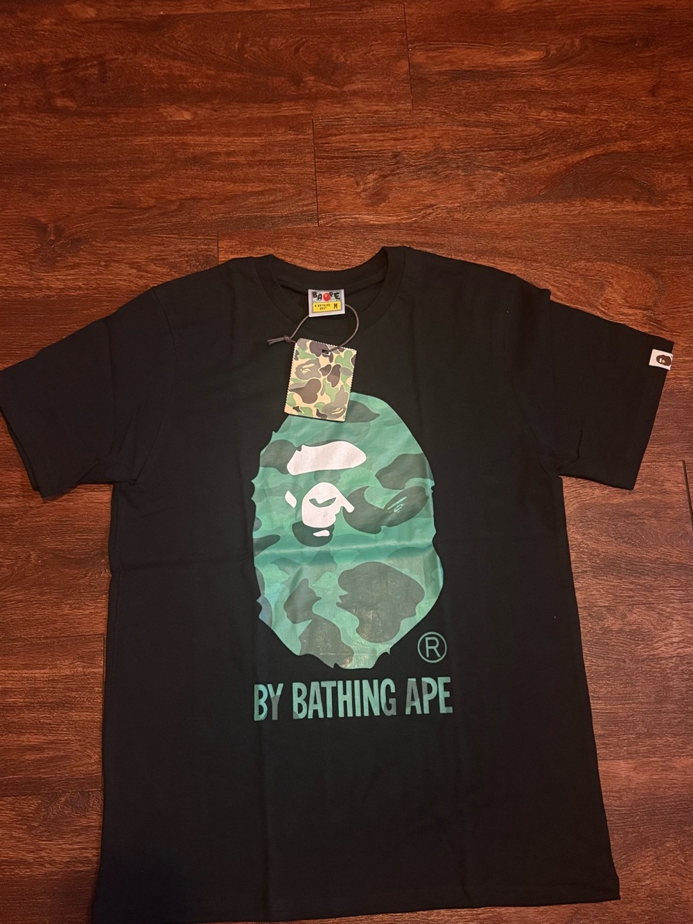 Bape Black Tee with Green Camo Ape Head